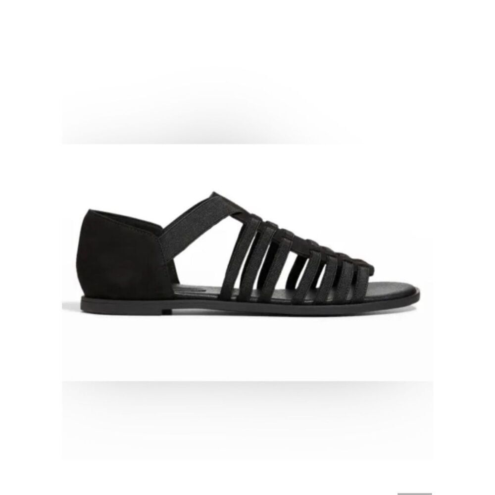 EILEEN FISHER Sandals NEW Gladiator Strappy Suede Flats Stretch Black Size 7.5